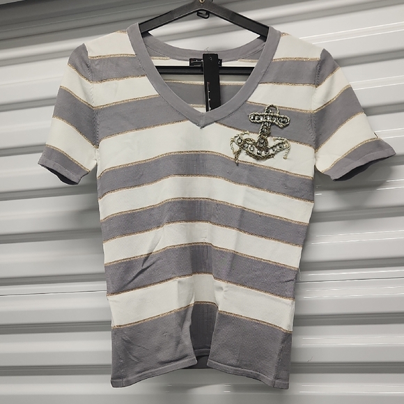 Pierri New York Tops - Pierri New York Gray and White Striped Tee  Nwt SZ M